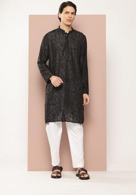 Black Embroidered Viscose Kurta Set For Men