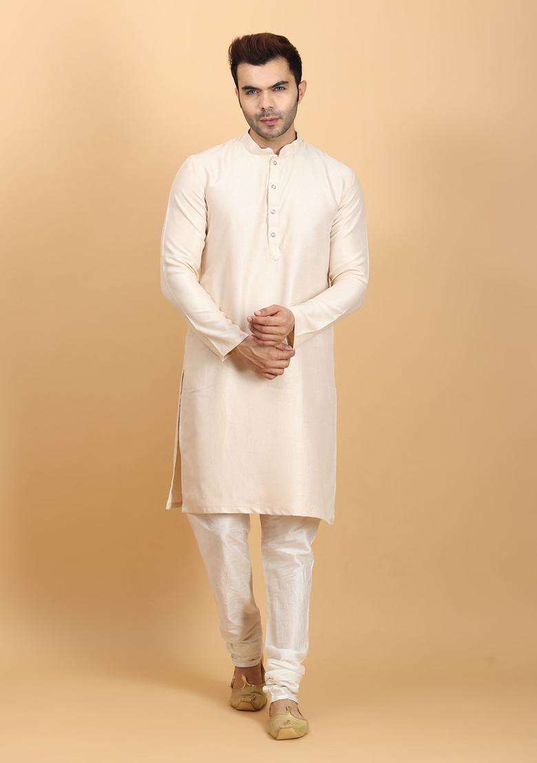 Gold Solid Silk Blend Kurta Set For Men - Indya