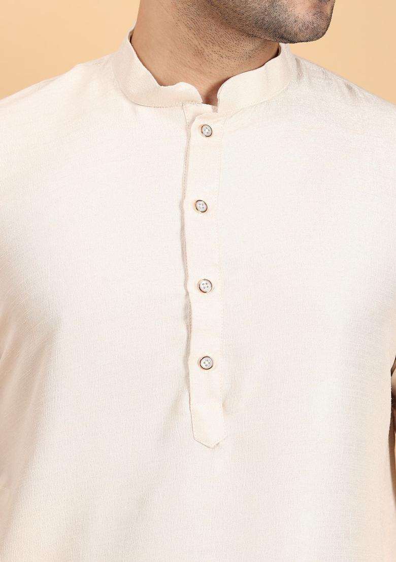 Gold Solid Silk Blend Kurta Set For Men - Indya
