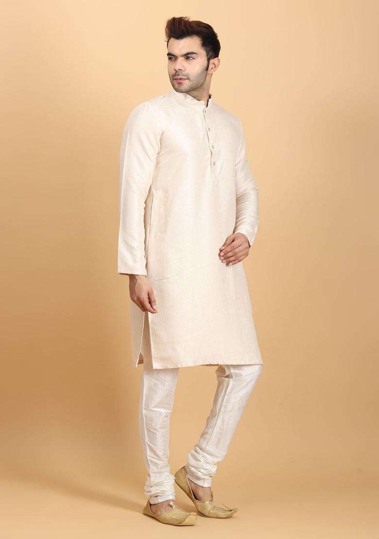 Gold Solid Silk Blend Kurta Set For Men - Indya