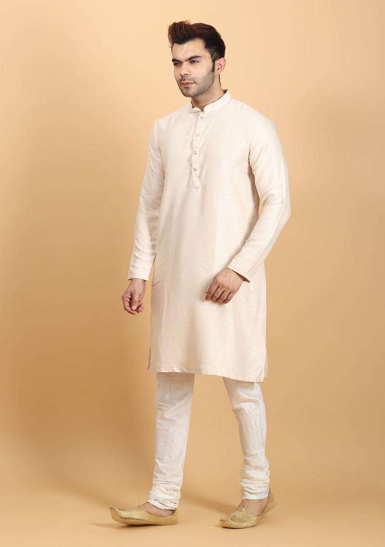 Gold Solid Silk Blend Kurta Set For Men - Indya