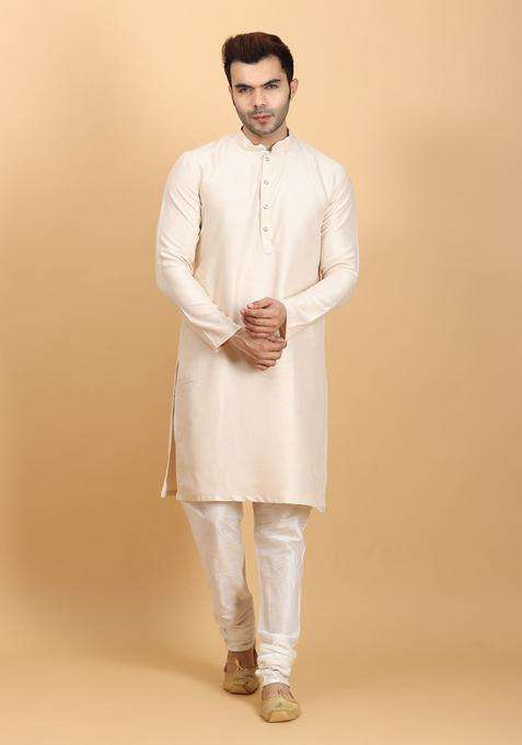 Gold Solid Silk Blend Kurta Set For Men