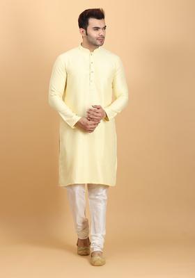 Lime Green Solid Silk Kurta Set For Men