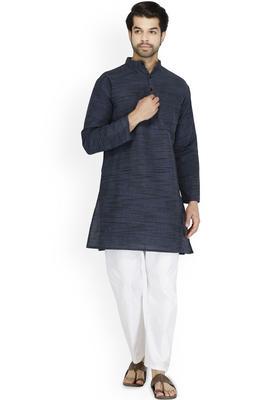 Navy Blue Self Design Cotton Kurta Set For Men