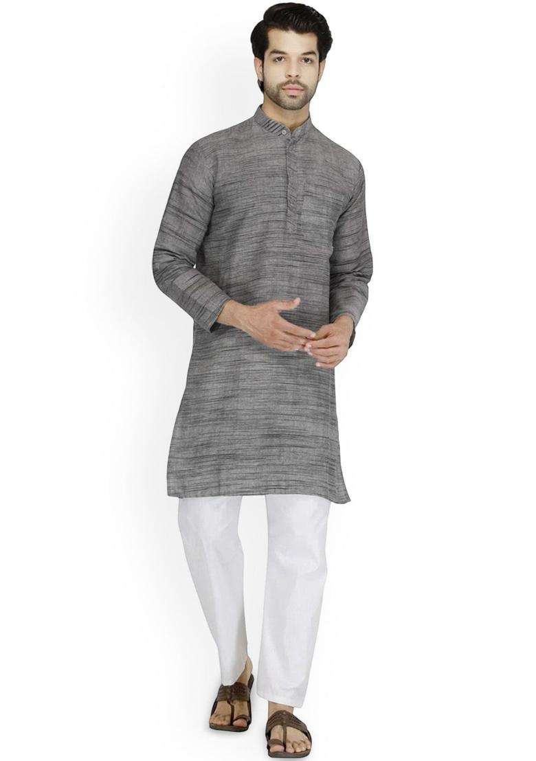 Grey Woven Design Cotton Kurta Set For Men - Indya