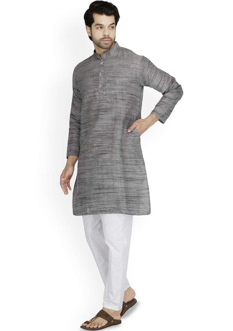 Grey Woven Design Cotton Kurta Set For Men - Indya