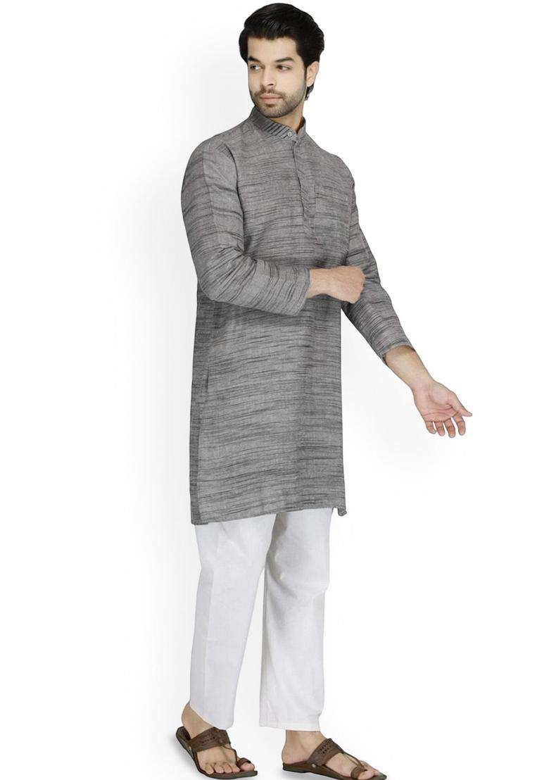 Grey Woven Design Cotton Kurta Set For Men - Indya