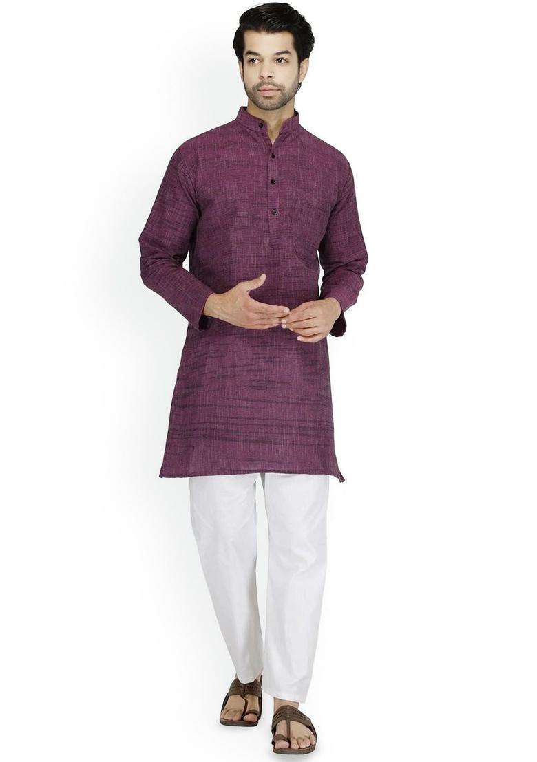 Purple Self Design Cotton Kurta Set For Men - Indya