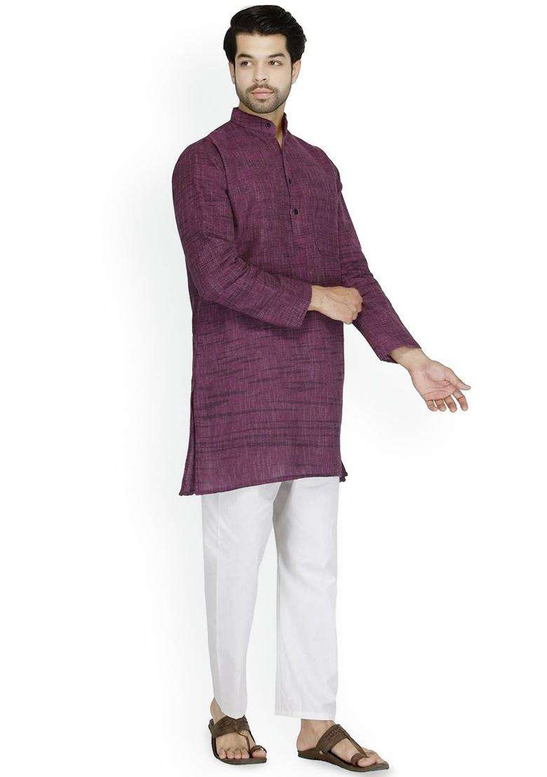 Purple Self Design Cotton Kurta Set For Men - Indya