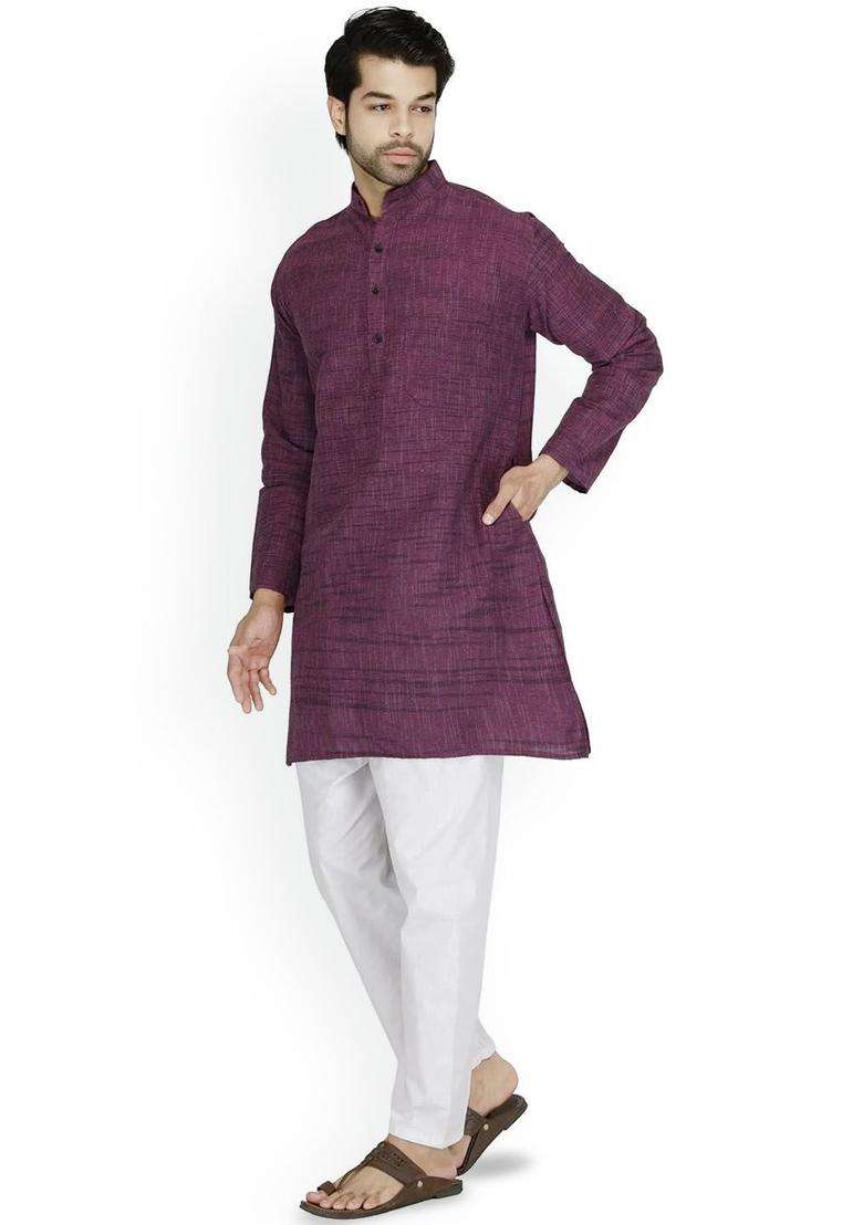 Purple Self Design Cotton Kurta Set For Men - Indya