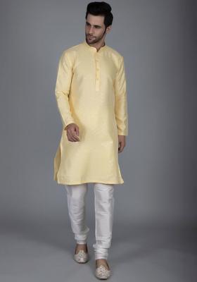 Yellow Embroidered Silk Kurta Set For Men