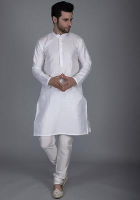 White Embroidered Silk Kurta Set For Men