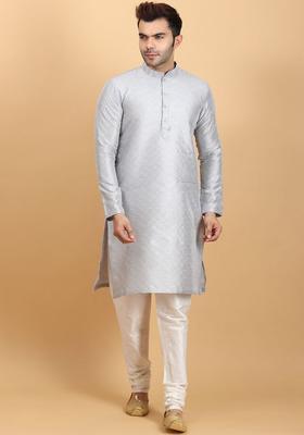 Grey Embroidered Silk Kurta Set For Men