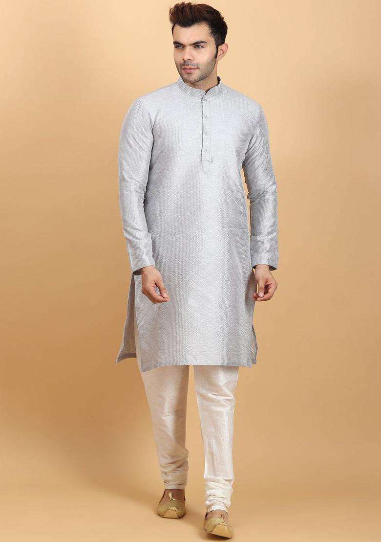Grey Embroidered Silk Blend Kurta Set For Men - Indya