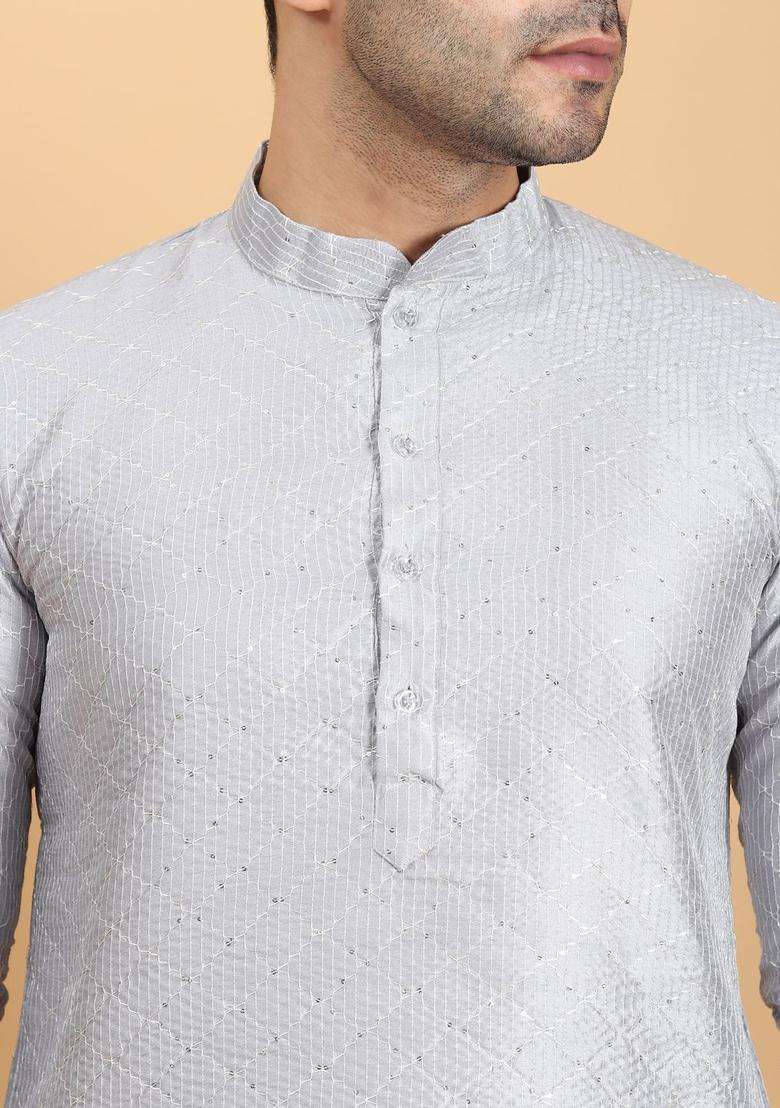Grey Embroidered Silk Blend Kurta Set For Men - Indya