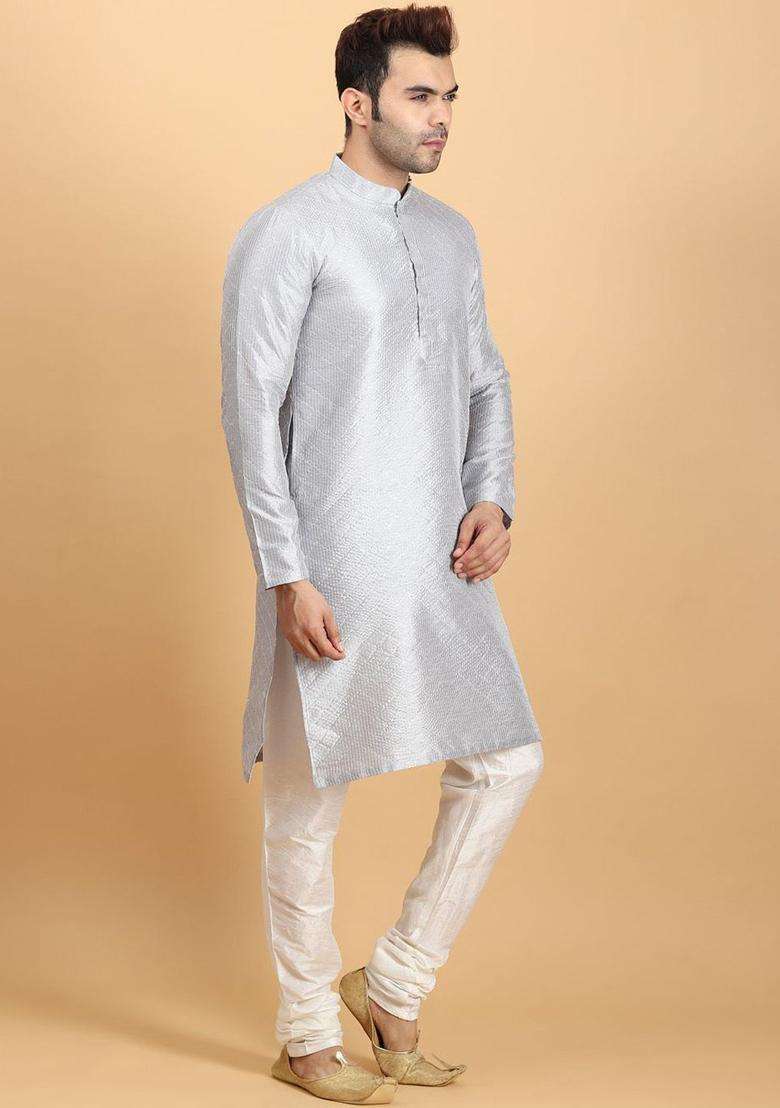 Grey Embroidered Silk Blend Kurta Set For Men - Indya