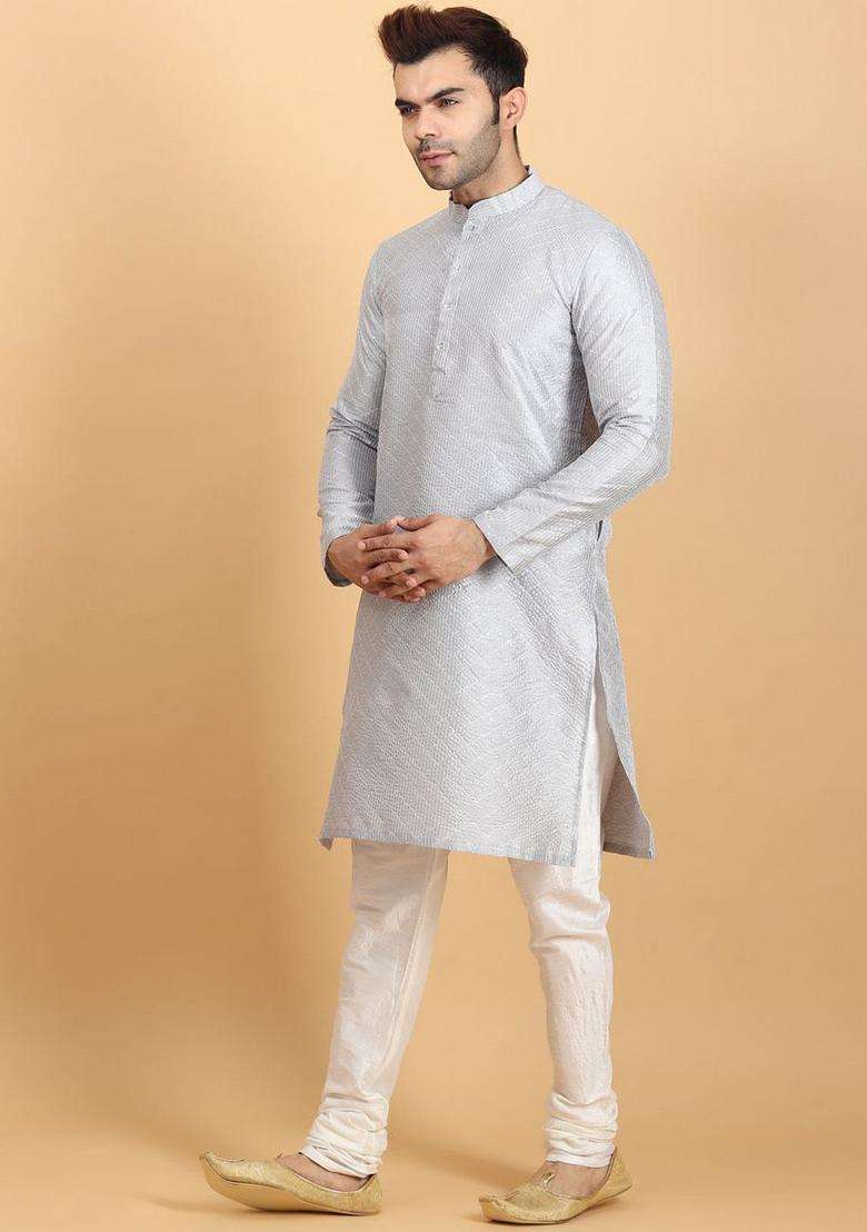 Grey Embroidered Silk Blend Kurta Set For Men - Indya