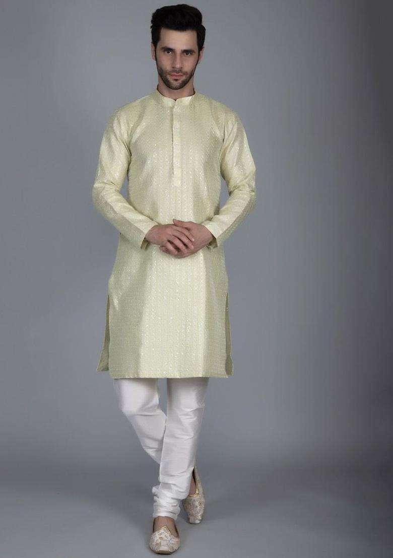 Green Embroidered Silk Blend Kurta Set For Men - Indya