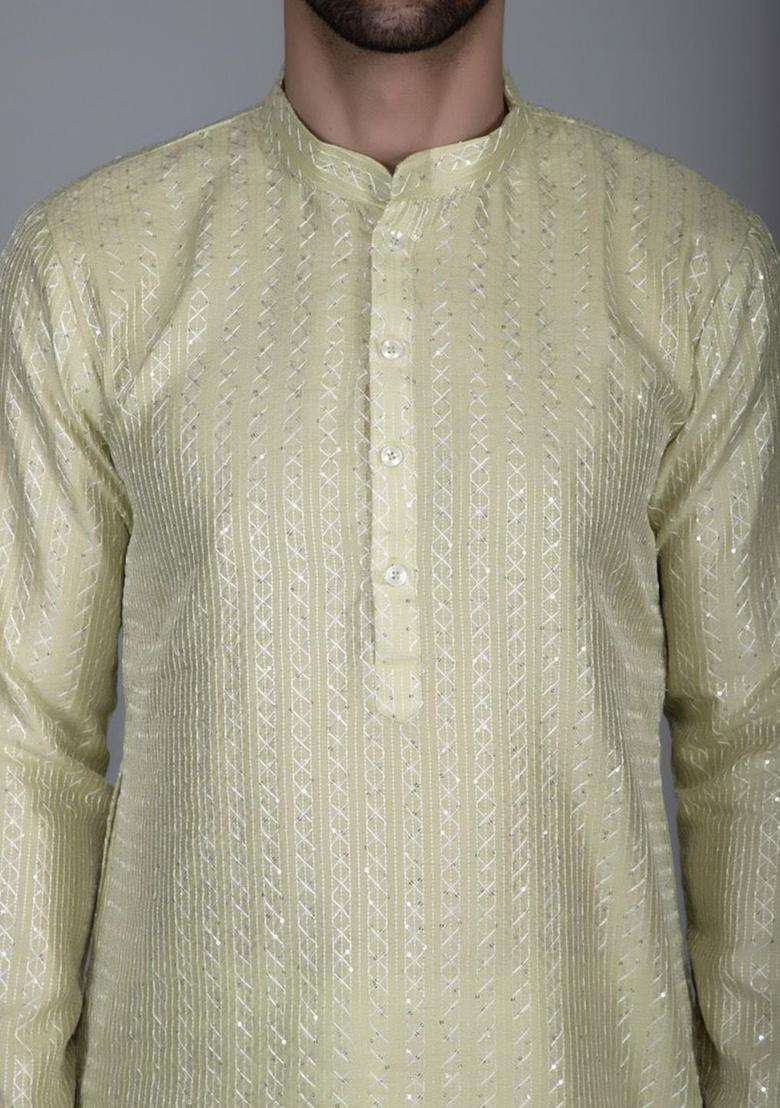 Green Embroidered Silk Blend Kurta Set For Men - Indya