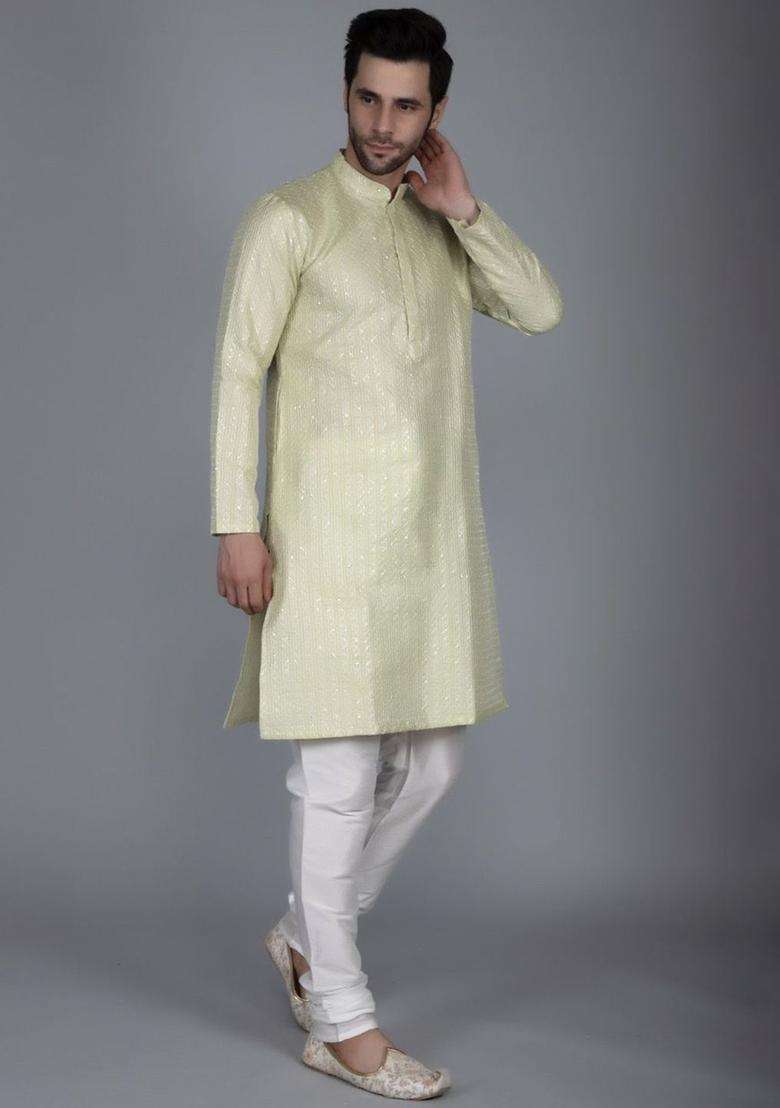 Green Embroidered Silk Blend Kurta Set For Men - Indya