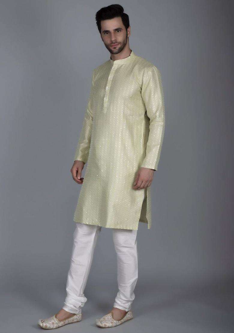 Green Embroidered Silk Blend Kurta Set For Men - Indya
