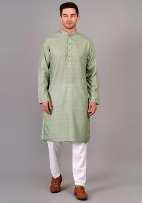Olive Printed Cotton Kurta Set For Men