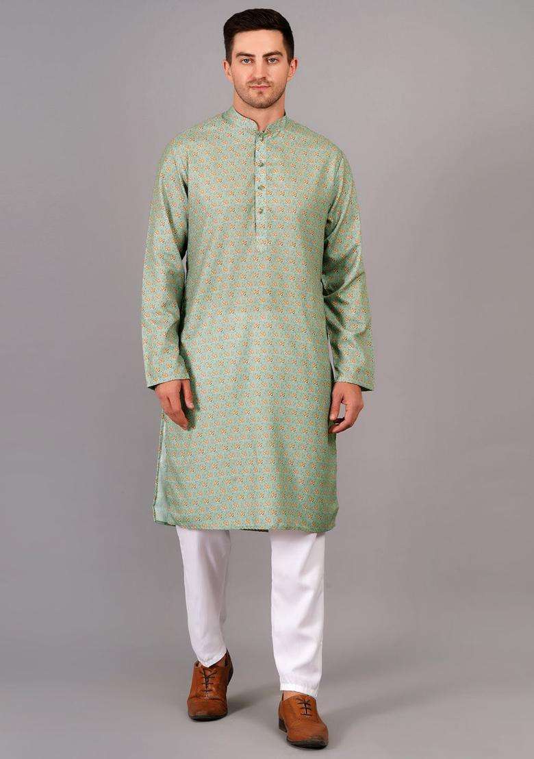 Olive Printed Cotton Kurta Set For Men - Indya
