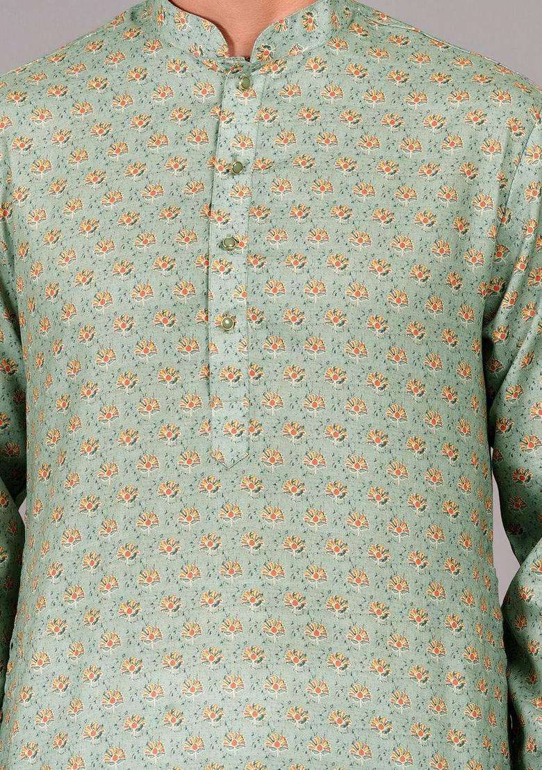 Olive Printed Cotton Kurta Set For Men - Indya