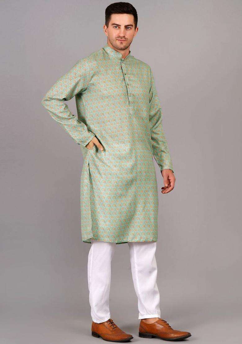 Olive Printed Cotton Kurta Set For Men - Indya