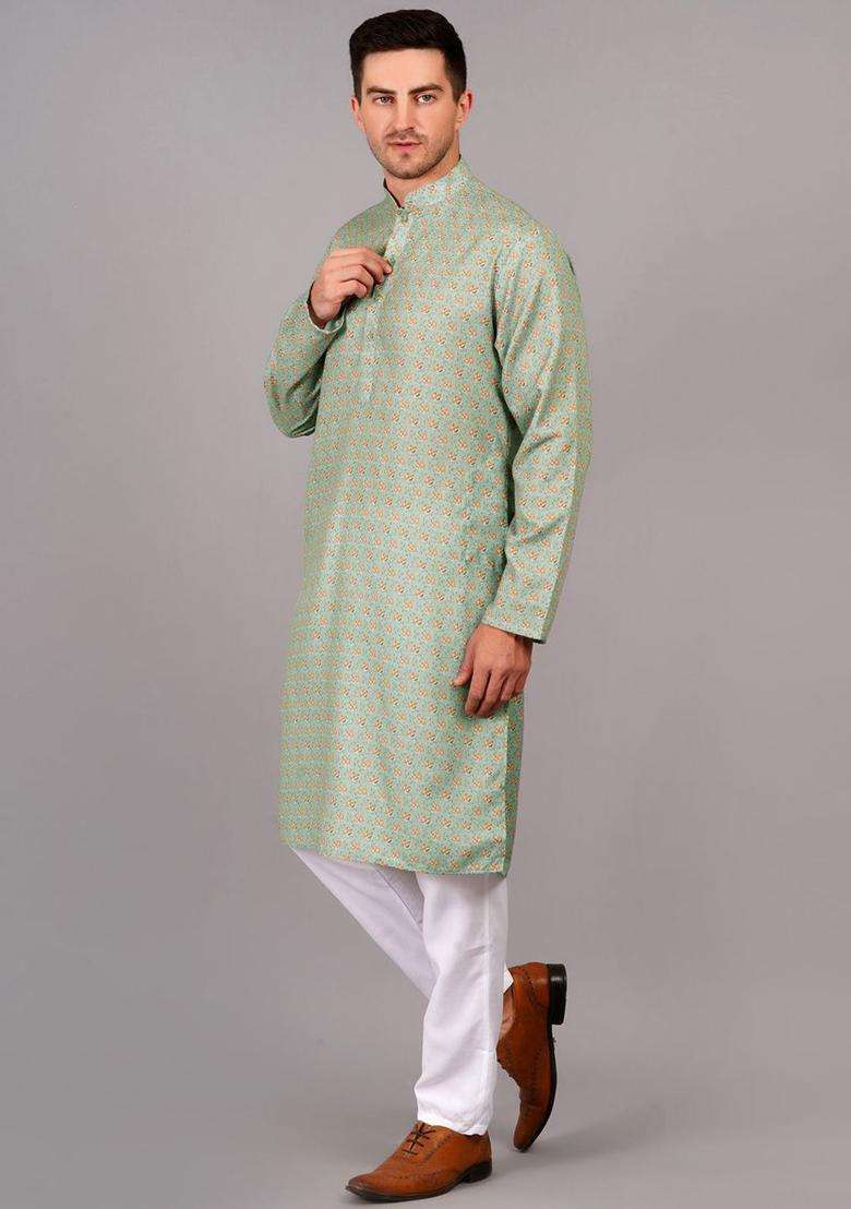 Olive Printed Cotton Kurta Set For Men - Indya