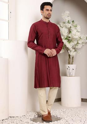 Maroon Striped Silk Kurta Set For Men