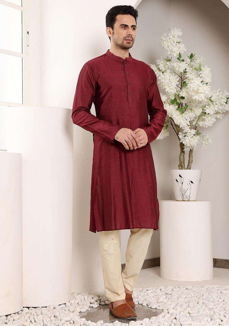 Maroon Striped Silk Kurta Set For Men - Indya
