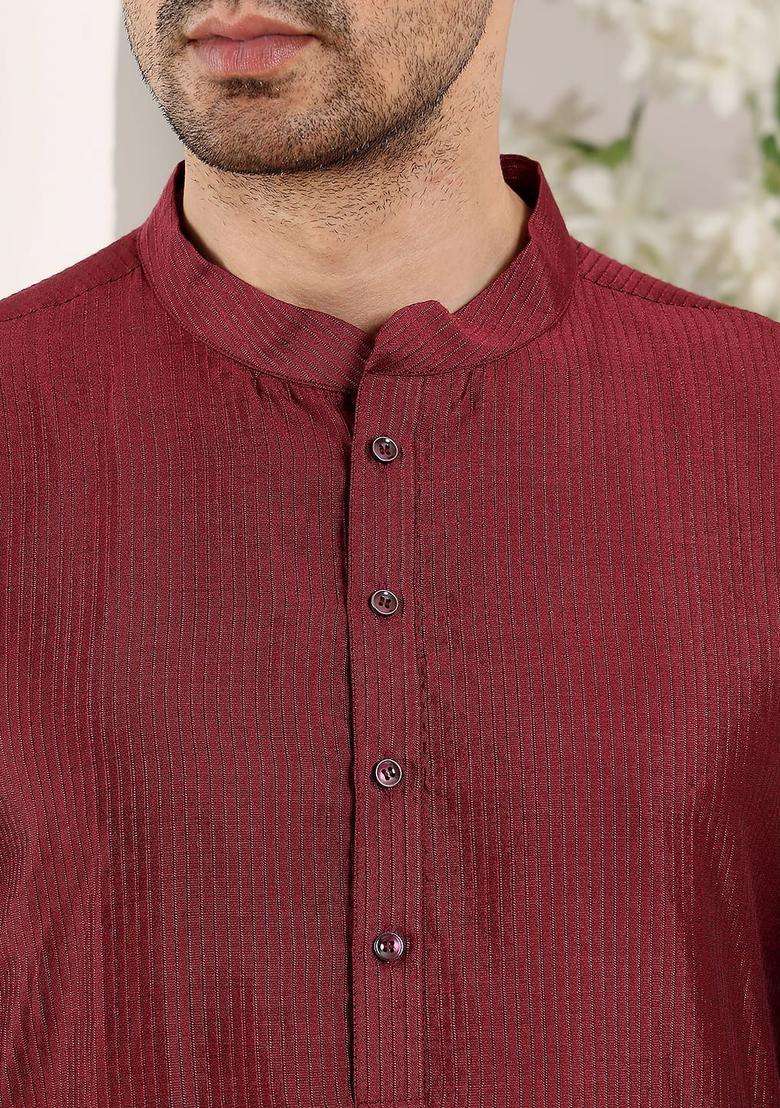 Maroon Striped Silk Kurta Set For Men - Indya