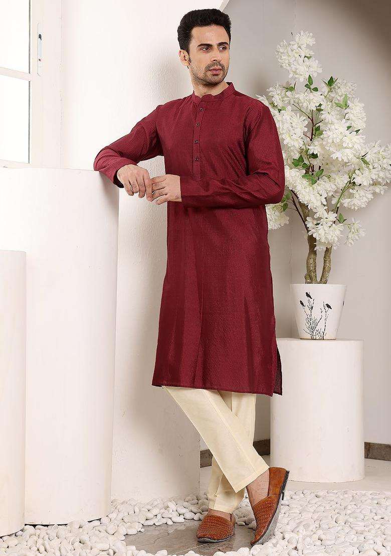 Maroon Striped Silk Kurta Set For Men - Indya