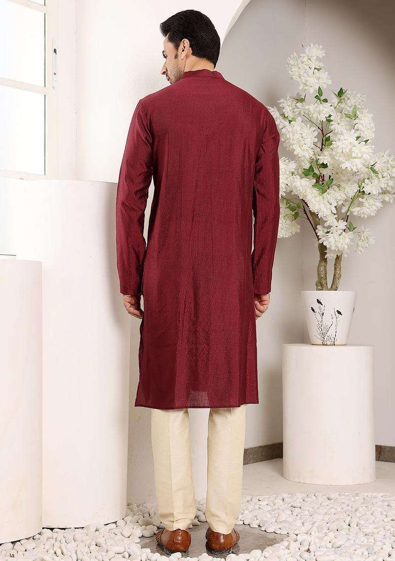 Maroon Striped Silk Kurta Set For Men - Indya