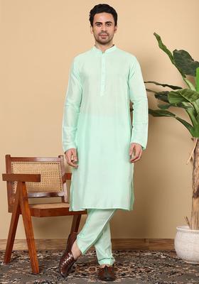 Sea Green Solid Silk Kurta Set For Men