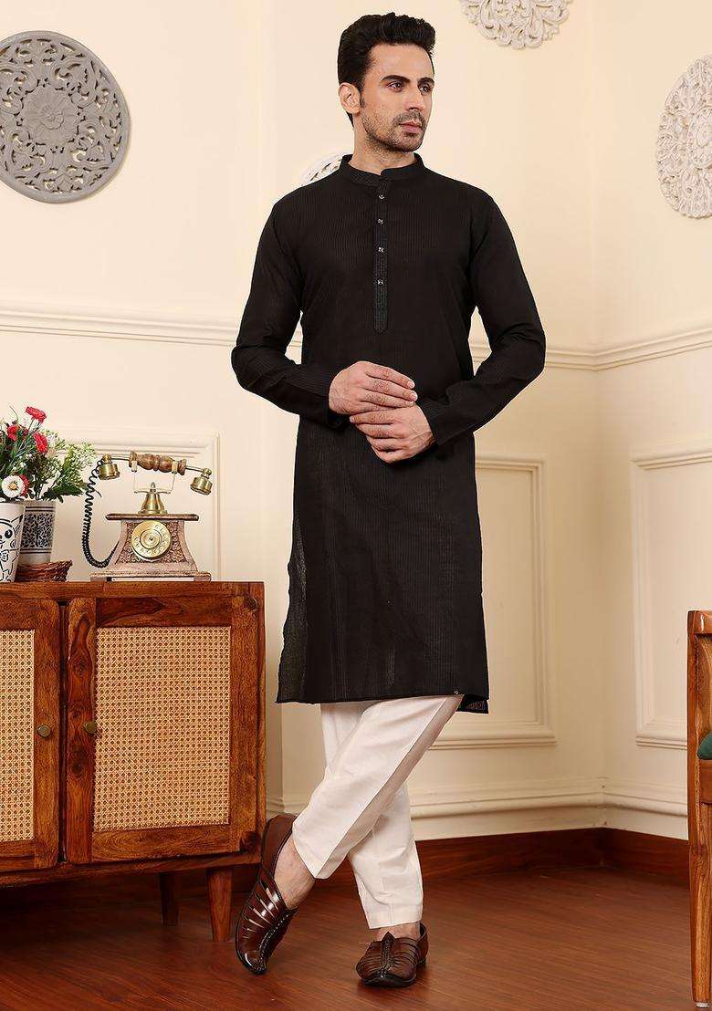 Black Striped Silk Blend Kurta Set For Men - Indya