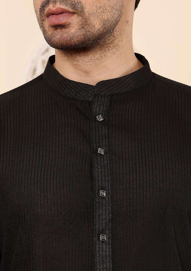Black Striped Silk Blend Kurta Set For Men - Indya