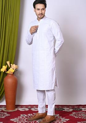 White Embroidered Cotton Kurta Set For Men