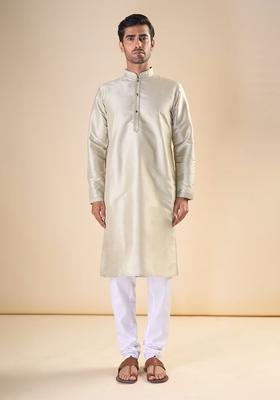Beige Solid Silk Kurta Set For Men