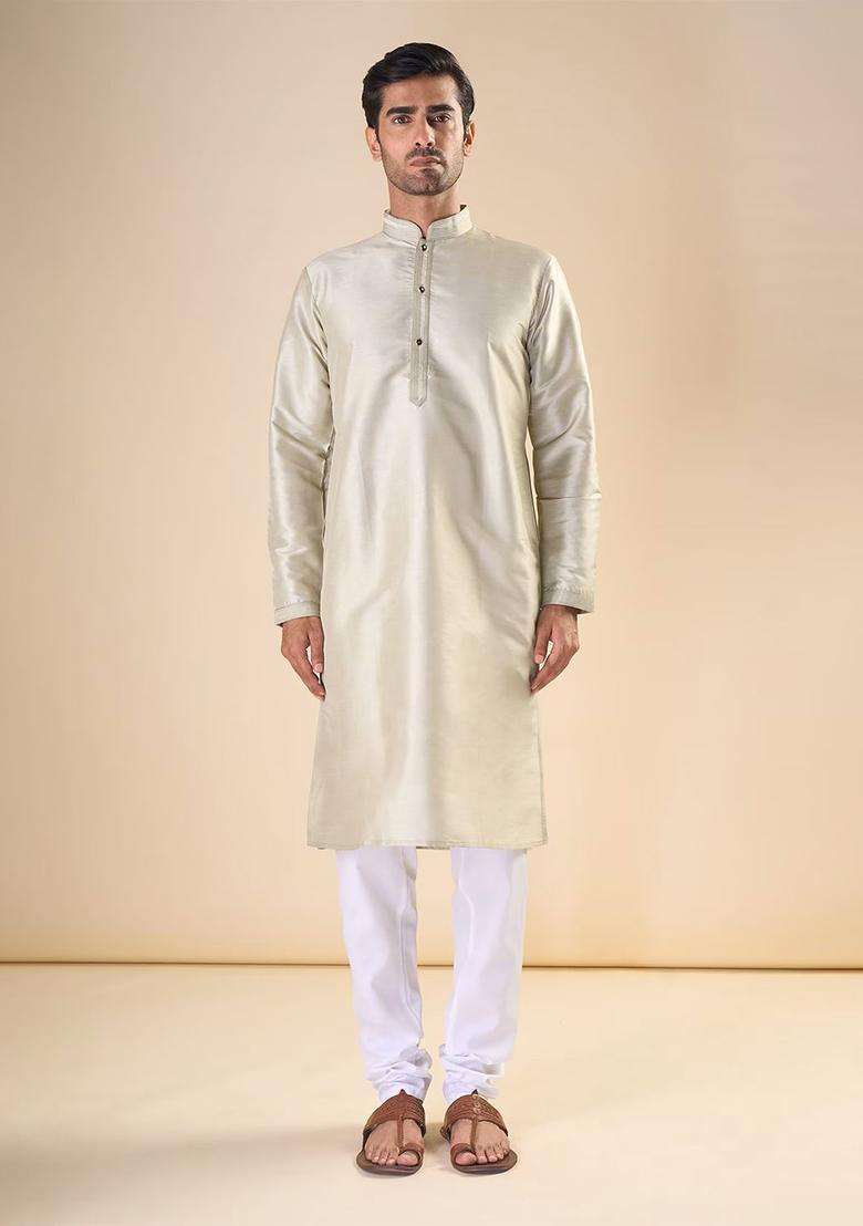 Beige Solid Silk Blend Kurta Set For Men - Indya