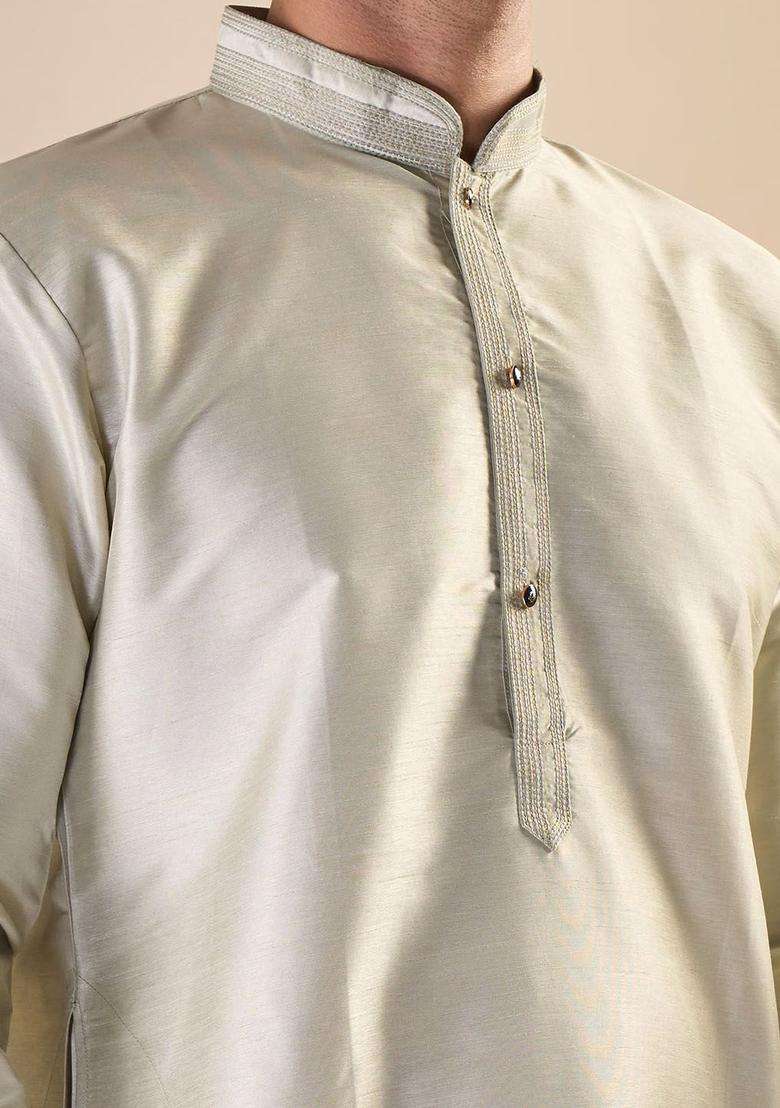 Beige Solid Silk Blend Kurta Set For Men - Indya