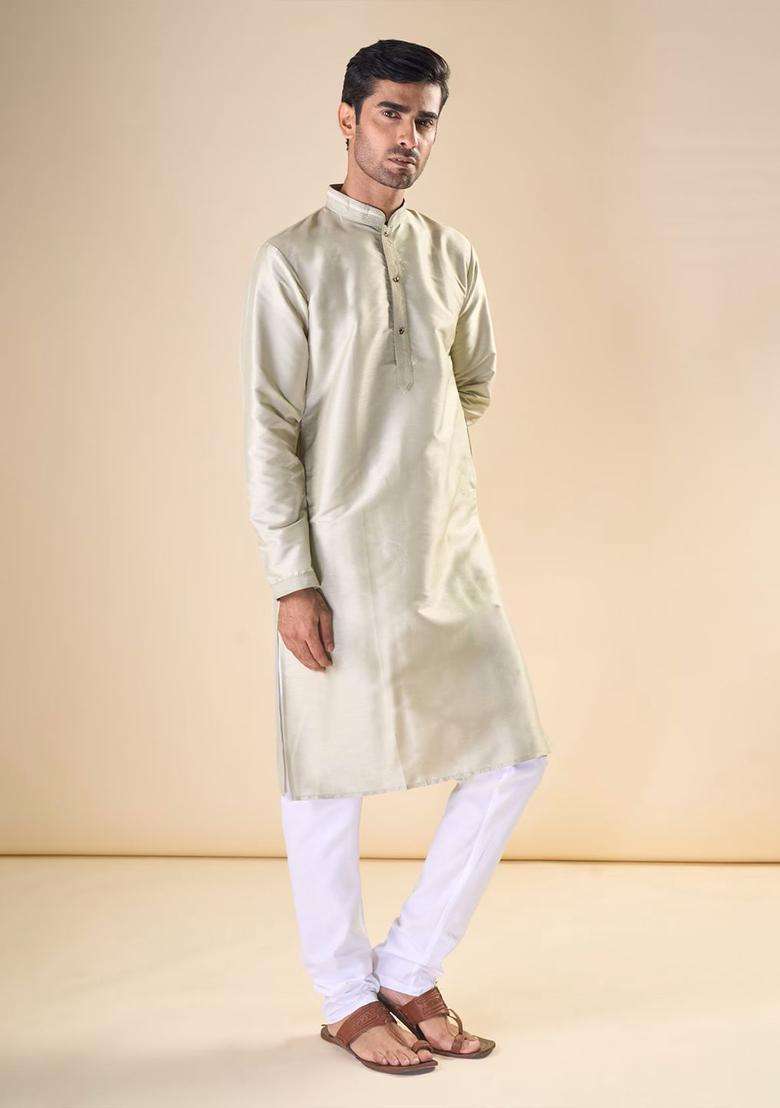 Beige Solid Silk Blend Kurta Set For Men - Indya