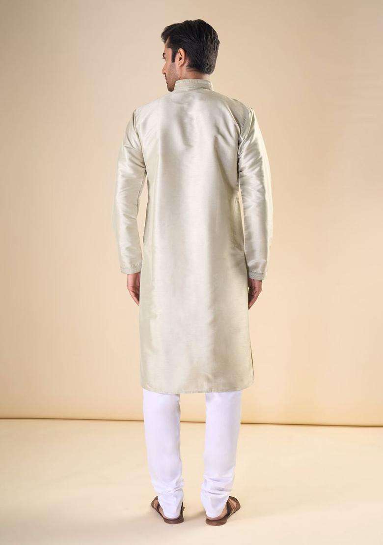 Beige Solid Silk Blend Kurta Set For Men - Indya