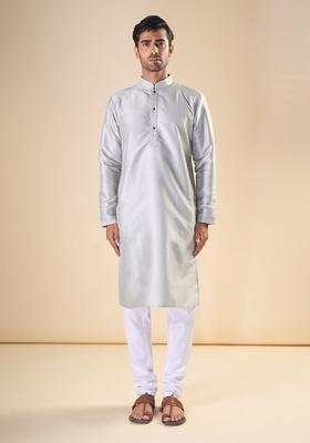 Silver Solid Silk Kurta Set For Men