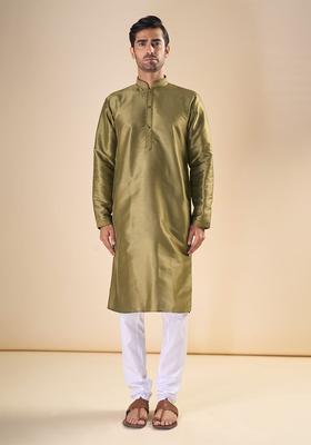 Olive Solid Silk Kurta Set For Men