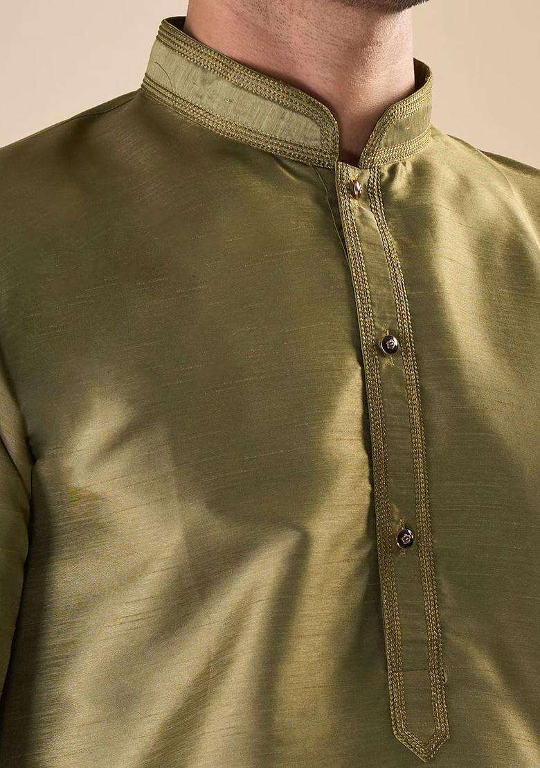 Olive Solid Silk Blend Kurta Set For Men - Indya