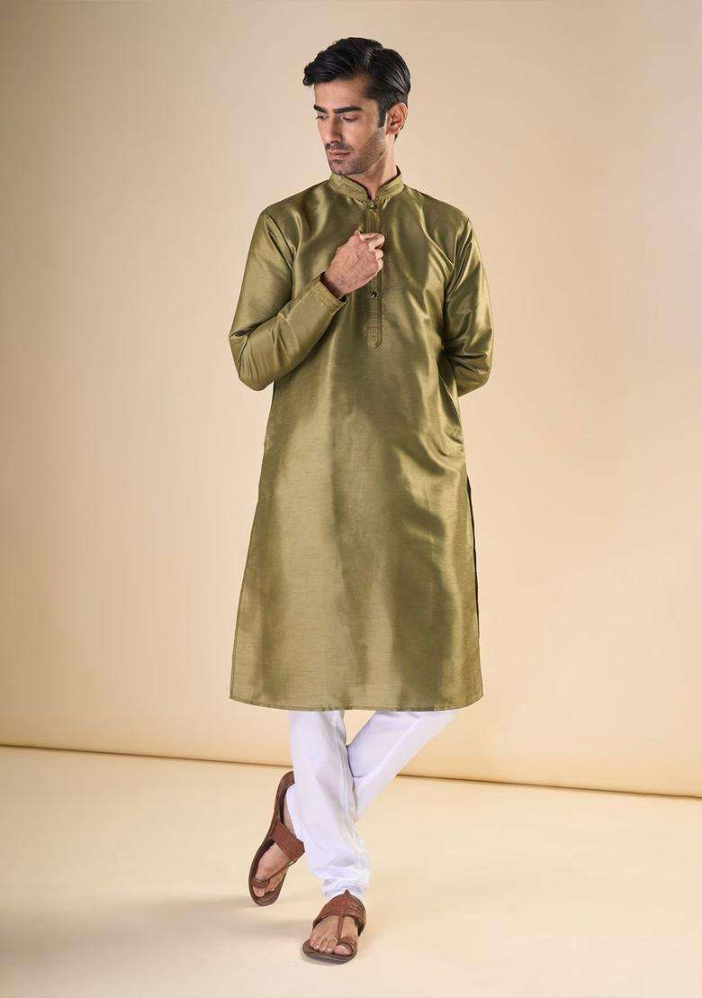 Olive Solid Silk Blend Kurta Set For Men - Indya