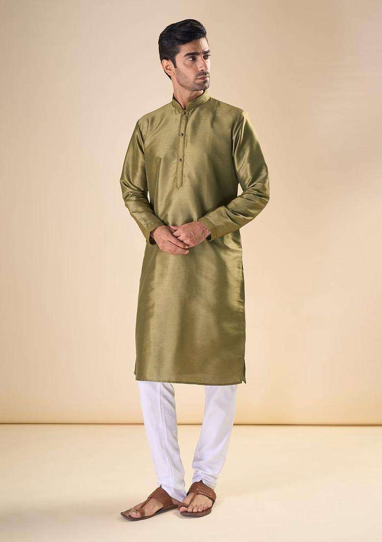 Olive Solid Silk Blend Kurta Set For Men - Indya