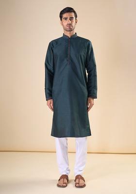 Green Solid Silk Kurta Set For Men